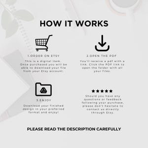 May include: A white graphic with the text "HOW IT WORKS" and instructions for ordering a digital item on Etsy. The steps include ordering, opening a PDF, and enjoying the design. The image also includes a reminder to read the description carefully.