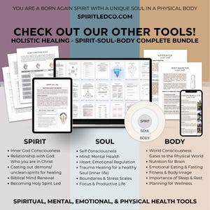 May include: An advertisement for holistic healing resources. The image shows a laptop, tablet, and smartphone displaying documents. Text includes "SPIRITLEDCO.COM" and "CHECK OUT OUR OTHER TOOLS!" with sections on Spirit, Soul, and Body, and a list of related topics.