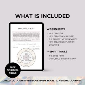 Pode incluir: Um tablet digital exibe texto sobre esp&iacute;rito, alma e corpo, com um diagrama e as palavras "O que est&aacute; inclu&iacute;do". A imagem lista planilhas e ferramentas espirituais, incluindo "Nova Cria&ccedil;&atilde;o" e "As Boas Novas". Um gr&aacute;fico circular diz "Ferramentas espirituais gratuitas".