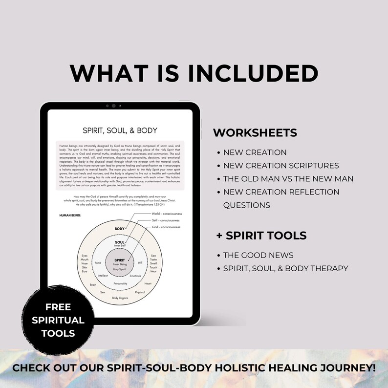 Pode incluir: Um tablet digital exibe texto sobre esp&iacute;rito, alma e corpo, com um diagrama e as palavras "O que est&aacute; inclu&iacute;do". A imagem lista planilhas e ferramentas espirituais, incluindo "Nova Cria&ccedil;&atilde;o" e "As Boas Novas". Um gr&aacute;fico circular diz "Ferramentas espirituais gratuitas".