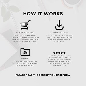 Puede incluir: Un gr&aacute;fico blanco con el texto "HOW IT WORKS" e instrucciones para comprar un art&iacute;culo digital en Etsy. Los pasos incluyen ordenar, abrir un PDF y disfrutar del dise&ntilde;o terminado. El gr&aacute;fico tambi&eacute;n incluye un recordatorio para leer la descripci&oacute;n detenidamente.