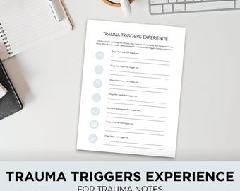 Puede incluir: Una hoja de trabajo imprimible titulada "Trauma Triggers Experience" para notas sobre traumas. La hoja de trabajo incluye una lista de categorías para identificar desencadenantes, como cosas que se ven, se escuchan, se tocan, se huelen, situaciones y cosas que hacen los demás.
