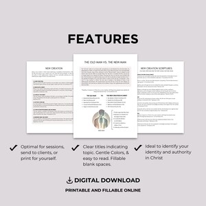 Pode incluir: Tr&ecirc;s documentos digitais imprim&iacute;veis com os t&iacute;tulos "Nova Cria&ccedil;&atilde;o", "O Velho Homem vs. O Novo Homem" e "Escrituras da Nova Cria&ccedil;&atilde;o". Os documentos t&ecirc;m um fundo branco com texto preto e s&atilde;o projetados para serem preenchidos. A palavra "CARACTER&Iacute;STICAS" est&aacute; no topo.
