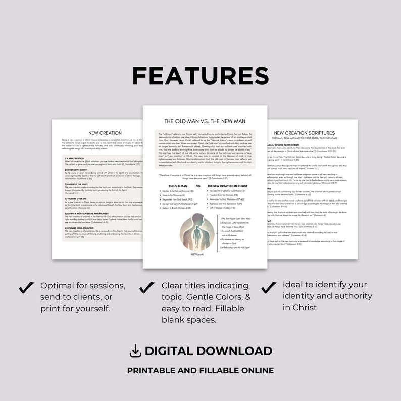 Pode incluir: Tr&ecirc;s documentos digitais imprim&iacute;veis com os t&iacute;tulos "Nova Cria&ccedil;&atilde;o", "O Velho Homem vs. O Novo Homem" e "Escrituras da Nova Cria&ccedil;&atilde;o". Os documentos t&ecirc;m um fundo branco com texto preto e s&atilde;o projetados para serem preenchidos. A palavra "CARACTER&Iacute;STICAS" est&aacute; no topo.