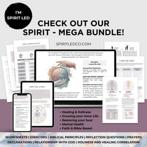 May include: Promotional image for a "Spirit - Mega Bundle" with worksheets, exercises, and biblical principles. The image shows a laptop, tablet, and smartphone displaying documents. The bundle focuses on healing, inner growth, and mental health, with the website address spiritledco.com.