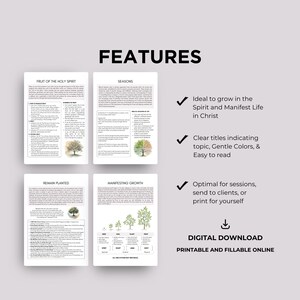 May include: A digital download with four printable pages. The pages are titled "Fruit of the Holy Spirit", "Seasons", "Remain Planted", and "Manifesting Growth". The pages contain text and tree illustrations. The word "FEATURES" is at the top, and "DIGITAL DOWNLOAD" is at the bottom.