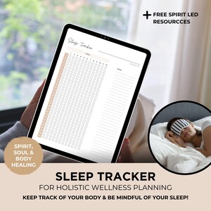 May include: A digital sleep tracker on a tablet screen with a grid of circles for marking sleep hours. The text "Sleep Tracker" is at the top of the screen. The text "FOR HOLISTIC WELLNESS PLANNING" and "KEEP TRACK OF YOUR BODY & BE MINDFUL OF YOUR SLEEP!" is at the bottom of the screen.