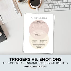 Può includere: Un foglio di lavoro stampabile con un diagramma di Venn intitolato "Trigger vs. Emozioni" che spiega la differenza tra i trigger e le emozioni. Il foglio di lavoro include un elenco di caratteristiche per ciascuno. Il testo "Strumenti per la salute mentale" è in fondo alla pagina.