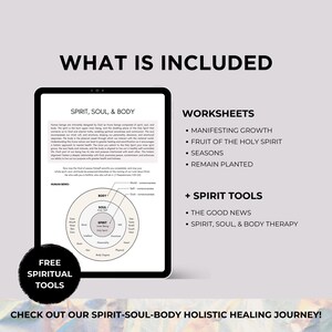 May include: A digital tablet shows a document titled "SPIRIT, SOUL, & BODY" with a diagram and text. The image also includes a list of worksheets and spirit tools. A black circle with the text "FREE SPIRITUAL TOOLS" is in the lower left.