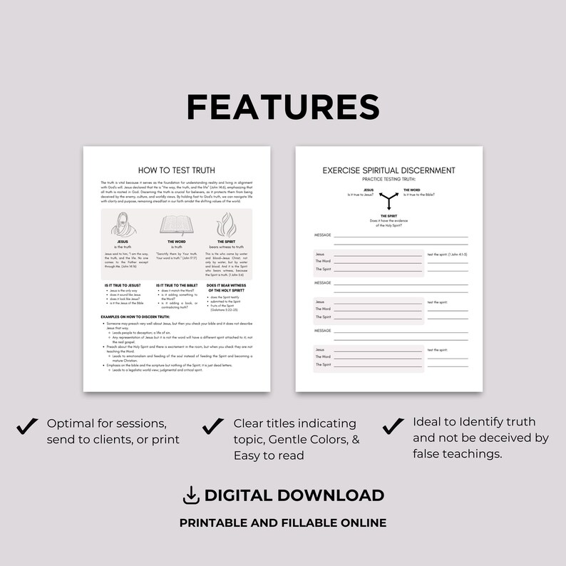 Puede incluir: Una descarga digital con dos p&aacute;ginas imprimibles. Una p&aacute;gina se titula "HOW TO TEST TRUTH", la otra "EXERCISE SPIRITUAL DISCERNMENT". Las p&aacute;ginas tienen t&iacute;tulos claros, colores suaves y son f&aacute;ciles de leer. El texto "DIGITAL DOWNLOAD" tambi&eacute;n es visible.