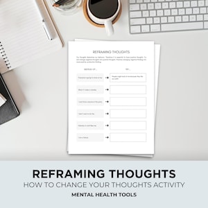 therapist resources, reframing thoughts, reframing worksheet, negative thoughts, self talk worksheet, cbt activity, negative self talk, cbt