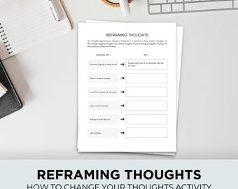 therapist resources, reframing thoughts, reframing worksheet, negative thoughts, self talk worksheet, cbt activity, negative self talk, cbt
