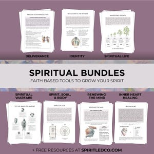 May include: An image promoting spiritual bundles, showing stacks of white papers with text and illustrations. The title "SPIRITUAL BUNDLES" is displayed, with the tagline "FAITH BASED TOOLS TO GROW YOUR SPIRIT". The website address is also visible.