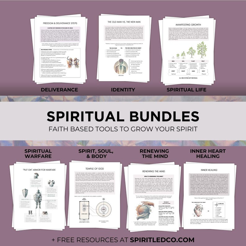 May include: An image promoting spiritual bundles, showing stacks of white papers with text and illustrations. The title "SPIRITUAL BUNDLES" is displayed, with the tagline "FAITH BASED TOOLS TO GROW YOUR SPIRIT". The website address is also visible.