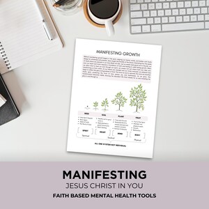May include: A white A4 paper with the title "MANIFESTING GROWTH" and a diagram illustrating a tree's growth stages. The paper is on a desk with a coffee cup, keyboard, and notebook. The bottom of the paper reads "MANIFESTING JESUS CHRIST IN YOU FAITH BASED MENTAL HEALTH TOOLS."