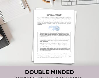 Könnte beinhalten: Ein weißes Blatt Papier mit dem Titel "DOUBLE MINDED" und Text über Glauben und Überzeugungen. Das Papier liegt auf einem Schreibtisch mit einer Kaffeetasse, einem Stift und einer Tastatur. Der untere Teil des Papiers lautet "FOR IDENTIFYING LUKEWARM BELIEFS & STRENGTHENING FAITH."