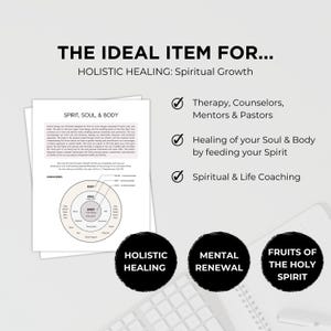 Puede incluir: Un documento blanco con texto sobre esp&iacute;ritu, alma y cuerpo, con un diagrama del ser humano. El texto dice "El art&iacute;culo ideal para... Curaci&oacute;n hol&iacute;stica: Crecimiento espiritual". El texto adicional incluye "Terapia, consejeros, mentores y pastores".