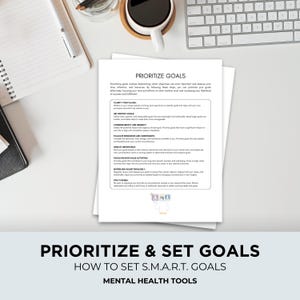 May include: A white sheet of paper with the title "PRIORITIZE GOALS" and bullet points on a desk with a coffee cup, keyboard, and notebook. The bottom of the image has the text "PRIORITIZE & SET GOALS" and "HOW TO SET S.M.A.R.T. GOALS".