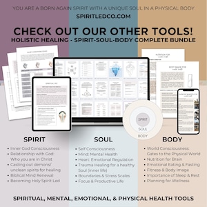 Puede incluir: Imagen promocional de herramientas de curaci&oacute;n hol&iacute;stica. La imagen presenta una computadora port&aacute;til, una tableta y un tel&eacute;fono inteligente que muestran documentos. El texto incluye "SPIRITLEDCO.COM" y "CHECK OUT OUR OTHER TOOLS!" con secciones sobre Esp&iacute;ritu, Alma y Cuerpo.