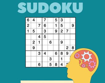 May include: A teal blue background with the text "BEST 2025 SUDOKU" in yellow and blue letters. A 9x9 Sudoku puzzle grid with numbers filled in. The text "4 livelli di difficoltà Con istruzioni e soluzioni" is on a yellow banner. A yellow cartoon head with gears inside is on the right side of the image. The text "ATHENA GRAPHICS" is at the bottom of the image.