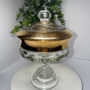 Indiana Glass Kings Crown Thumbprint Pedestal Compote Candy Dish Lid Gold Clear