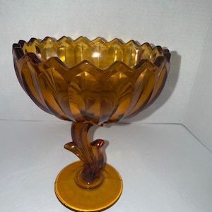 Vintage Indiana Glass Amber Lotus Blossom Compote Candy Dish 7.5 &quot; Pedestal Bowl