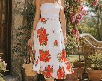 Linen Skirt Red Roses Upcycled Fabric Women Midi Skirt Size M Shirred Waist