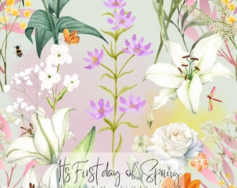 Vita liljor sömlösa mönster, digital nedladdning, pastellblommig textildesign, liljetyg eller tapettryck, kommersiell användning PNG-fil