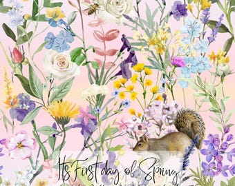 Ekorrens dag ute sömlöst mönster, digital nedladdning, pastellblommig textildesign, Cottagecore tygtryck, kommersiell användning PNG-fil