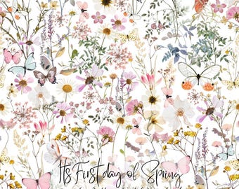 Brännande sommar sömlöst mönster, digital nedladdning, fjärilsblommig textildesign, Cottagecore tygtryck, kommersiell användning PNG-fil