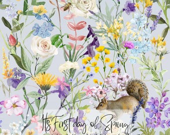 Ekorrens morgon ute sömlöst mönster, digital nedladdning, djur blommig textildesign, nyckfullt tygtryck, kommersiell användning PNG-fil