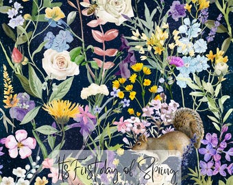 Ekorrens utekväll sömlöst mönster, digital nedladdning, mörk blommig textildesign, nyckfullt tygtryck, kommersiell användning PNG-fil