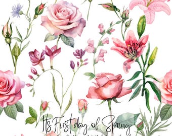Rosa blommigt sömlöst mönster, digital nedladdning, roslilja blommig textildesign, rosor och liljor tygtryck, kommersiellt bruk PNG-fil