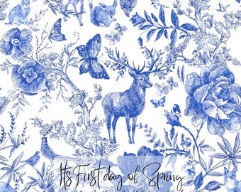 Toile de Jouy sömlöst mönster, digital nedladdning, folktextildesign, blått franskt tygtryck, kommersiellt bruk PNG-fil