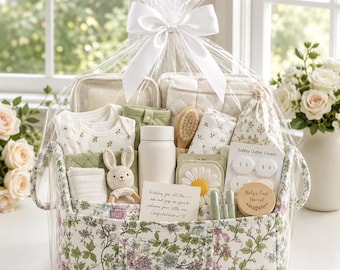 Luxury Gender Neutral Baby Gift Basket, Thoughtfully Curated Unisex Newborn Essentials in a Vintage Floral Storage Basket, Pregnancy Present