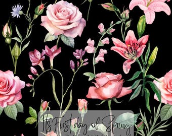 Mörkrosa rosor sömlösa mönster, digital nedladdning, stämningsfull blommig textildesign, rosa blommor på svart tygtryck, kommersiell användning PNG-fil