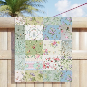 May include: A patchwork design with diverse floral patterns in pink, green, blue, and purple. The design includes roses, birds, and botanical elements, creating a vintage aesthetic. The overall theme is a floral, botanical, and vintage style.
