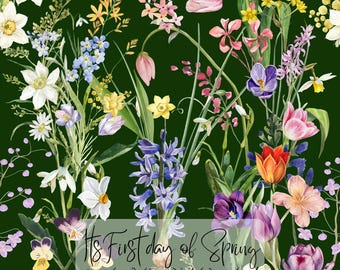 Mörkgrönt vårblommigt sömlöst mönster, digital nedladdning, vårblommig textildesign, tulpantygtryck, kommersiellt bruk PNG-fil