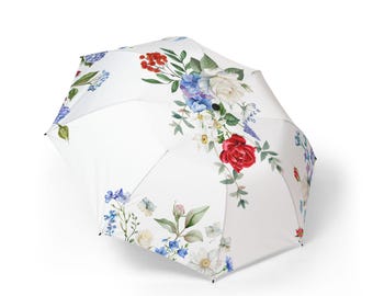 Parapluie semi-automatique pliable rouge, blanc et bleu, imprimé floral moderne