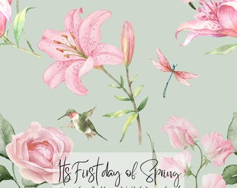 Rosa och grönt blommigt sömlöst mönster, digital nedladdning, pastellblommig textildesign, Cottagecore tygtryck, kommersiellt bruk PNG-fil
