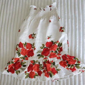 Linen Skirt Red Roses Upcycled Fabric Women Midi Skirt Size M Shirred Waist