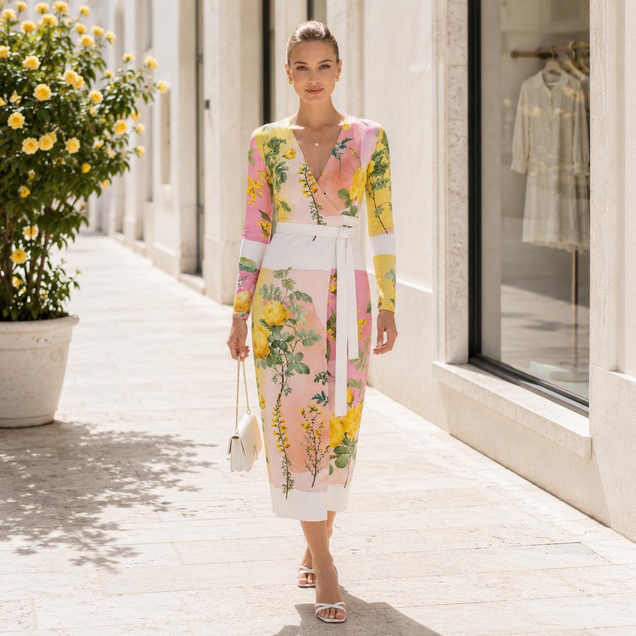 yellow and pink flower dress Revery Floral Long Sleeve Maxi Lightweight satin material Slight stretch Fully lined Strapless style Gel grip on inner bust Elasticated band at the back Foldover bust detail Invisible side zip Bias cut Cowl draping at back Perfect for wedding guest looks Renesmee Yellow Floral Print Satin