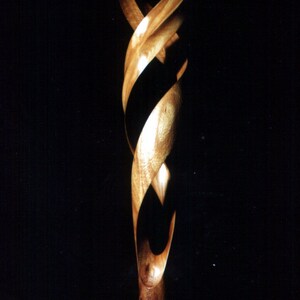Op de afbeelding: Een houten sculptuur in de vorm van een hart met een groene basis. Het beeldhouwwerk is gemaakt van lichtbruin hout en heeft een draaiend ontwerp.