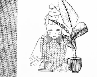 Sketchbook Illustration Print: Girl Reading, Tea, Foliage (A4)