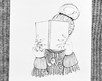 A4 Sketchbook Print: Woman Reading, 'For the Love of Books' Illustration