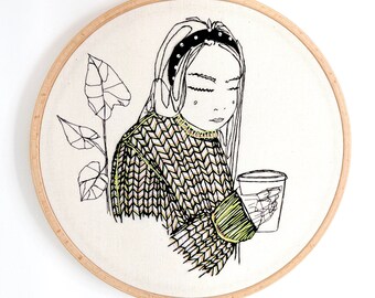 Hand Sewn Coffee Portrait: Appliqué Embroidery Hoop Wall Art