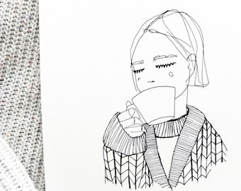 A4 sketchbook print ‘Cardi and a cuppa’ drawing wall art, illustration picture, room decor