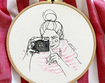 Hand Sewn Embroidery Hoop Art: Watercolor Camera Illustration (7.48 inch)
