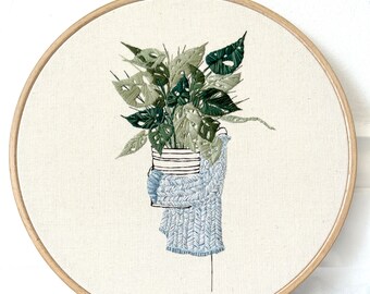 Hand Sewn Plant Embroidery Hoop Art: 8.46" Wooden Wall Hanging