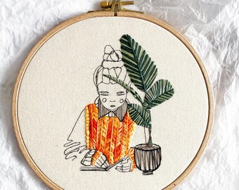 Hand Sewn Embroidery Hoop Art: Plant Lady Illustration (7.48 inch)